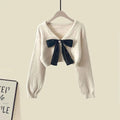 Primavera Outono Novas Suéteres de Malha Femininas Duas Peças 2025 Coreano Elegante Arco Cardigan Strap Saia Conjunto Correspondente Roupas Femininas