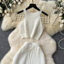 SINGREINY Verão Suave Malha 2 pcs Conjuntos Mulheres Halter Sem Mangas Camis + Bodycon Split Saia Com Cordão Oco Out Ternos De Férias