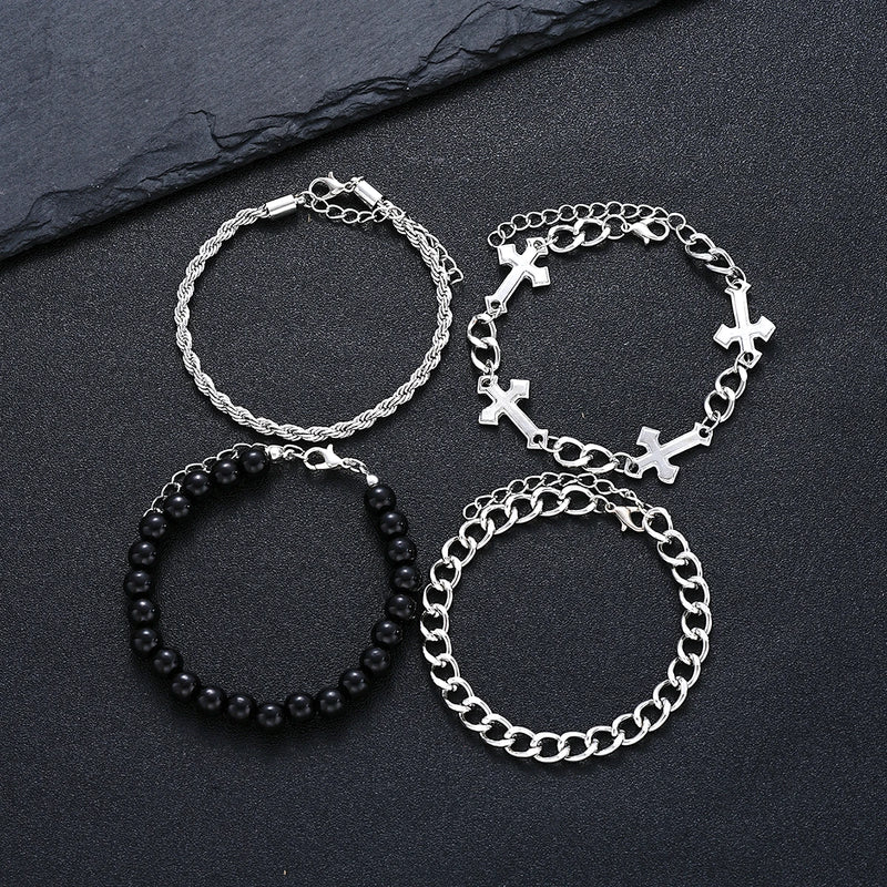 Conjunto de 4 Pcs Pulseira de Aço Inoxidável Para Homens Mulheres Punk Moda Cross Beads Pulseiras de Corrente Simples Hip Hop Unissex Jóias Presente Novo