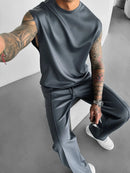 2025 Verão novo masculino moda esportiva calças casuais colete conjunto solto sem mangas T-shirt conjunto de cor sólida