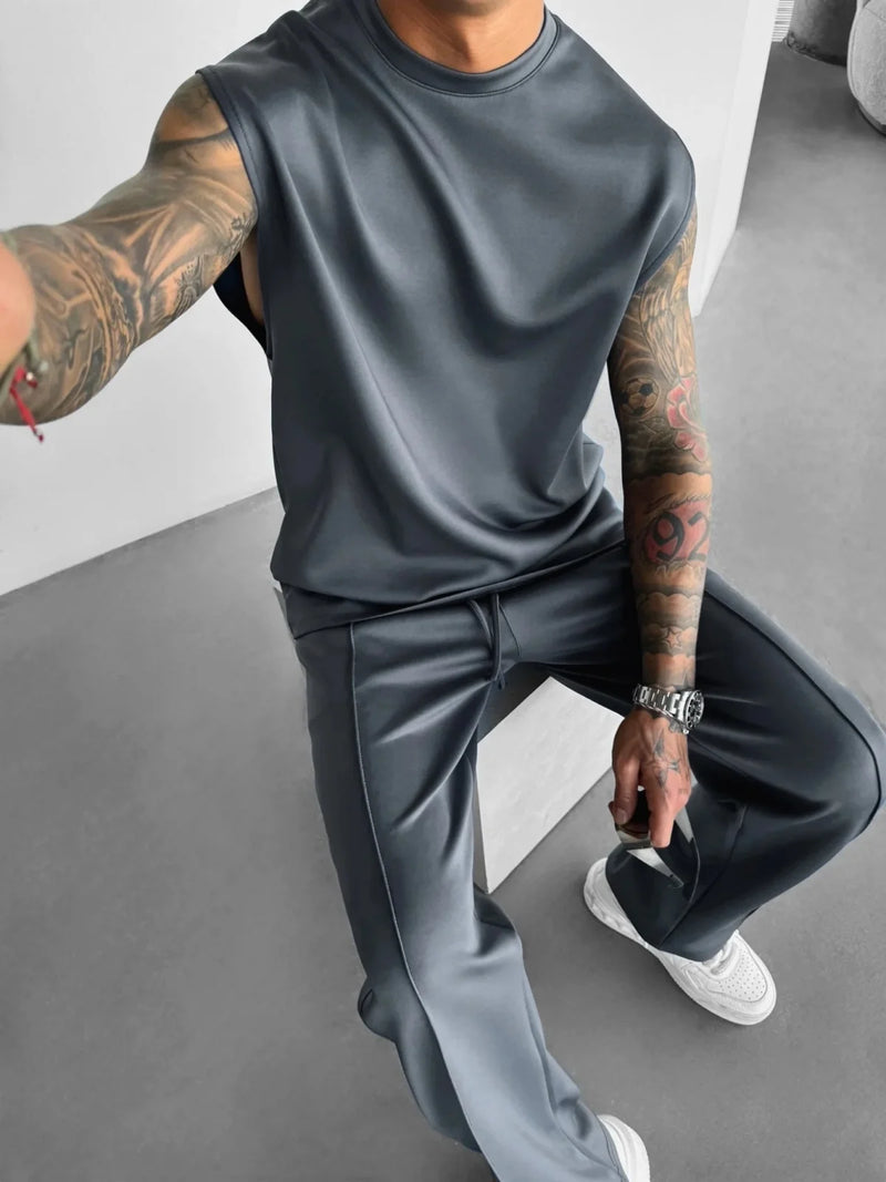 2025 Verão novo masculino moda esportiva calças casuais colete conjunto solto sem mangas T-shirt conjunto de cor sólida