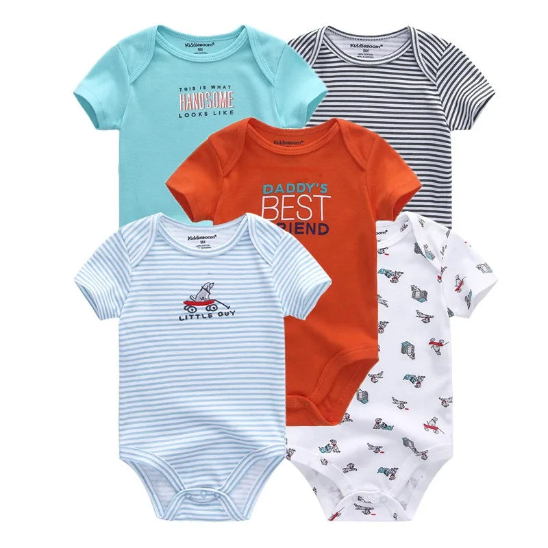 Kiddiezoom 5 Pçs/lote Quatro Estações Moda Dos Desenhos Animados de Manga Curta Do Bebê Menino Menina Bodysuits Macio 100% Algodão Recém-nascido Onesies Roupas