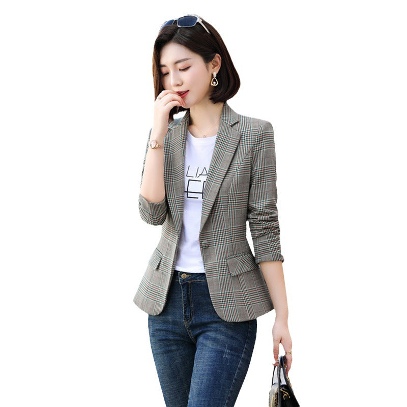 Jaqueta de Blazer Xadrez Listrado Cinza Moda Feminina Casacos Slim Decote em V Único Botão Senhoras Blazers S-XXXXXL