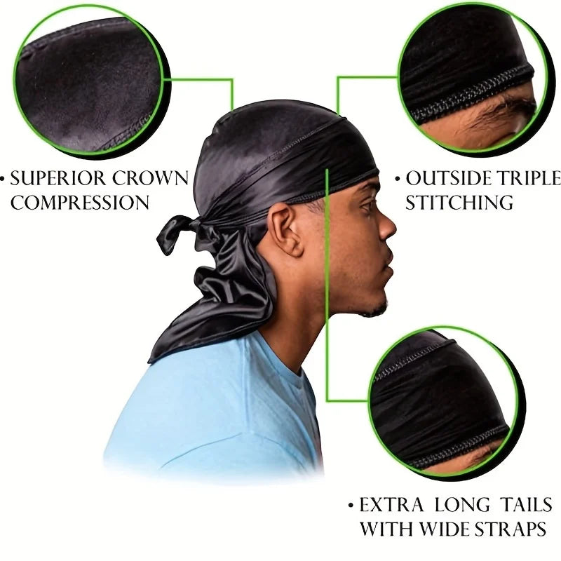 Boné de Seda Durag para Homens Bandana Silky DuRag Doo Rag Long Tail Waves Cap