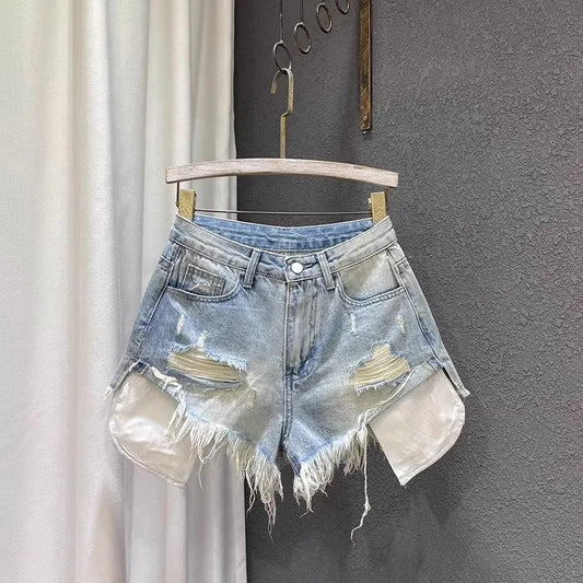 2025 Novas Mulheres Cintura Alta Buracos de cor clara Projetado Shorts Jeans Femininos em forma de A Jeans rasgados s-xl rosa azul