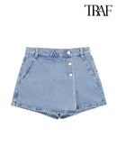 TRAF Verão Feminino Novo Jeans Moda Street Wash Jeans Botão Frontal Mini Saia Sexy Slim Blue Jeans Saia Centenas de Calças