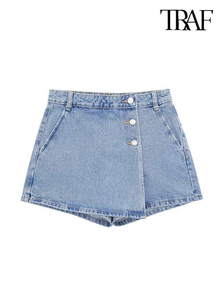 TRAF Verão Feminino Novo Jeans Moda Street Wash Jeans Botão Frontal Mini Saia Sexy Slim Blue Jeans Saia Centenas de Calças