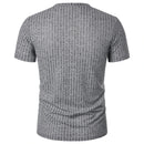 Homens Corrida Esportes Fitness Verão Novo Alto Elástico Listra Vertical Manga Curta Decote em V Slim Fit Malha Inferior Camisa Top