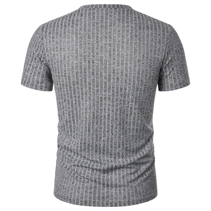 Homens Corrida Esportes Fitness Verão Novo Alto Elástico Listra Vertical Manga Curta Decote em V Slim Fit Malha Inferior Camisa Top