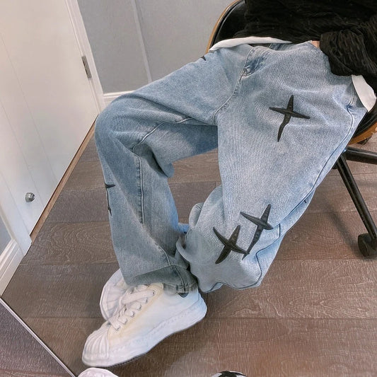 Estampas Jeans Homens 2023 Novo Streetwear Baggy Wide Leg Jeans Coreano Moda Cortinas Reta Casual Solta Denim Cargo Calças
