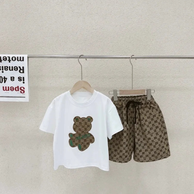 Roupas para Crianças Meninos Verão Cartoon Bear T-Shirt & Plaid Shorts Conjunto de 2 Peças Conjunto de Treino Geométrico Adolescente Menina Urso Estereoscópico