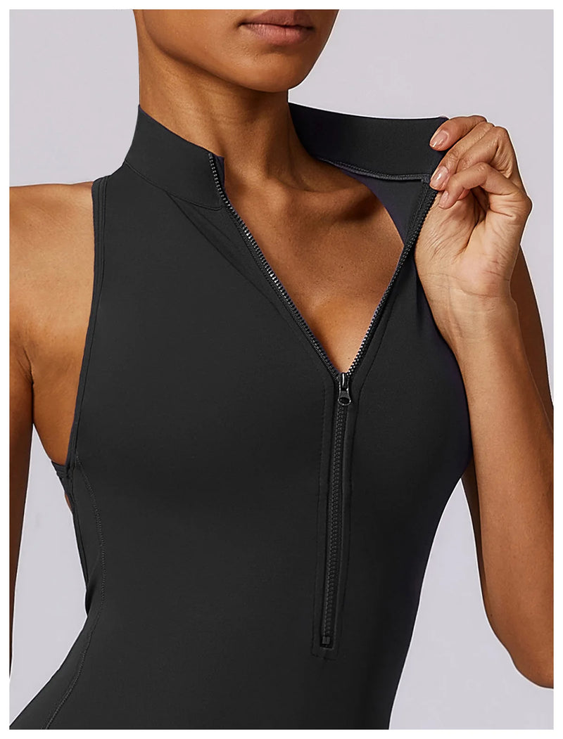V Voltar Terno De Uma Peça Das Mulheres Macacão Esportivo Zíperes Yoga Macacão Backless Sportswear Mulheres Sleeveles Workout Bodysuits Feminino