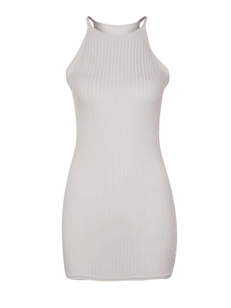 Sexy Rib Stripe Backless Sem Mangas Bodycon Vestido Mulheres Cor Sólida Magro Elegante Halter Vestido Club Party Vestidos