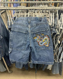 Shorts Jeans com Estampa de Grafite de Geometria Gótica Retro Americana Homens Mulheres Y2k Cintura Baixa Folgada na Altura do Joelho Jorts Curto