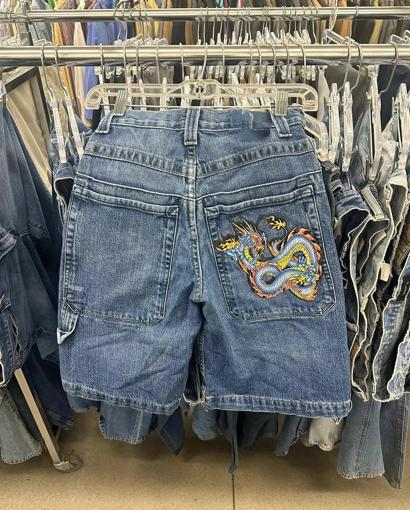 Shorts Jeans com Estampa de Grafite de Geometria Gótica Retro Americana Homens Mulheres Y2k Cintura Baixa Folgada na Altura do Joelho Jorts Curto