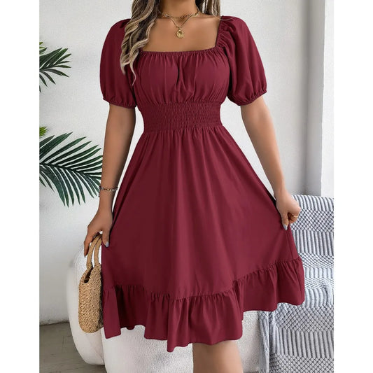 Mulheres Vestidos Pequenos 2024 Verão Casual Decote Quadrado Manga Curta Cintura Vestido de Borda com Babado Mulheres Elegante