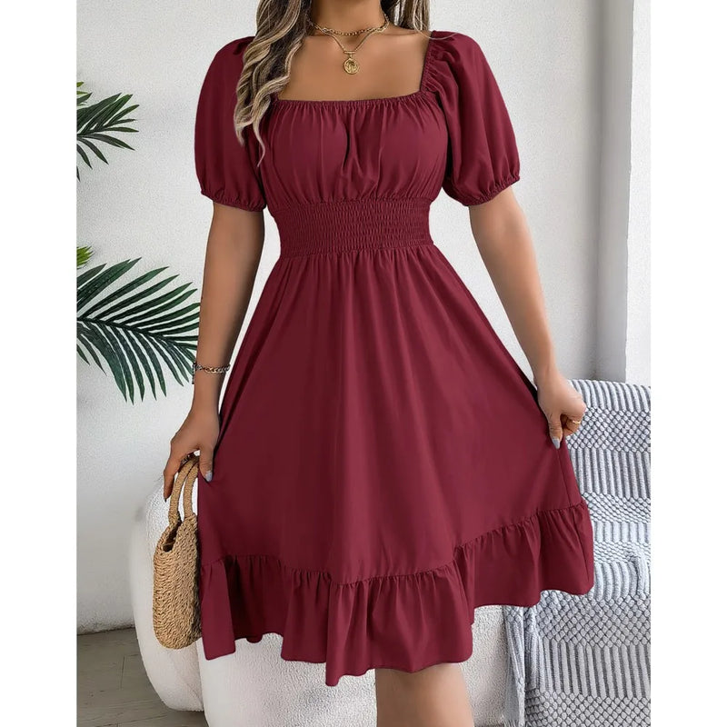 Mulheres Vestidos Pequenos 2024 Verão Casual Decote Quadrado Manga Curta Cintura Vestido de Borda com Babado Mulheres Elegante