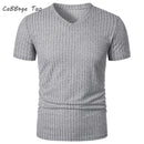 Homens Corrida Esportes Fitness Verão Novo Alto Elástico Listra Vertical Manga Curta Decote em V Slim Fit Malha Inferior Camisa Top