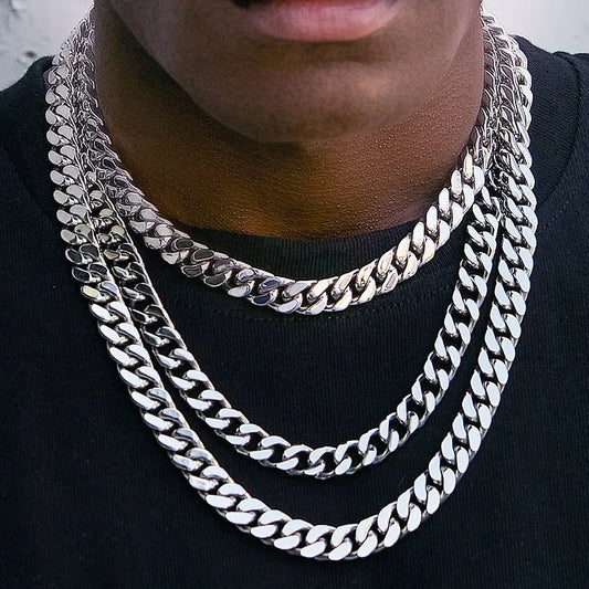 HNSP 8MM-14MM Corrente de Aço Inoxidável Colar Cubano Para Homens Punk Grosso Pescoço Longo Jóias Masculinas Cor Prata
