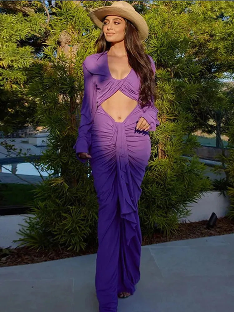 Vestido Maxi Fino Roxo Oco Out Mulheres Elegante Decote Em V Profundo Plissado Manga Cheia Vestidos Longos 2024 Vestes De Festa Da Senhora Da Moda