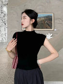 100% Tencel gola alta Francês manga curta feminina 2025 nova pequena mosca manga T-shirt slim fit e emagrecimento, internet famosa base