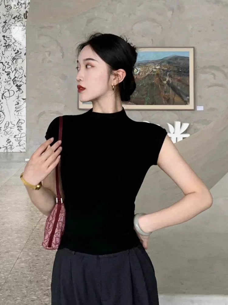 100% Tencel gola alta Francês manga curta feminina 2025 nova pequena mosca manga T-shirt slim fit e emagrecimento, internet famosa base