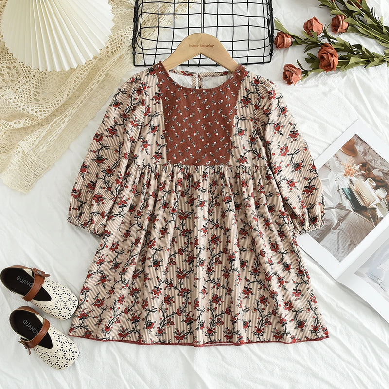 Urso Líder Novo Outono Meninas Vestido Primavera Crianças Princesa Vestido Casual Trajes Florais Crianças Roupas Flores Vestidos 2-8 Anos