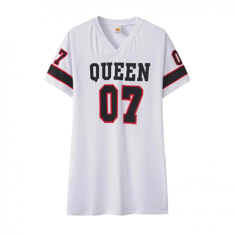 2024 Nova Moda Decote Em V Rainha Letras Vestido Estampado Manga Curta Basquete Estilo Esportivo Sexy Solto Roupas Femininas Streetwear