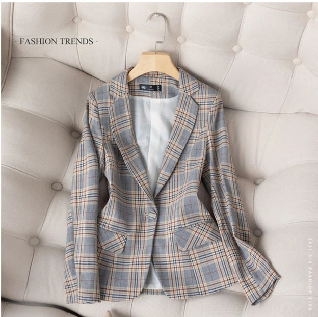 Jaqueta de Blazer Xadrez Listrado Cinza Moda Feminina Casacos Slim Decote em V Único Botão Senhoras Blazers S-XXXXXL