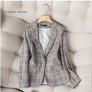 Jaqueta de Blazer Xadrez Listrado Cinza Moda Feminina Casacos Slim Decote em V Único Botão Senhoras Blazers S-XXXXXL