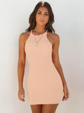 Sexy Rib Stripe Backless Sem Mangas Bodycon Vestido Mulheres Cor Sólida Magro Elegante Halter Vestido Club Party Vestidos