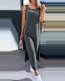 Vestidos Femininos 2024 Moda Verão Fenda Vazada Casual Tecido Decote Redondo Sem Mangas Diário Reto Vestido de Panturrilha Média