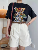 2024 Shorts de perna larga de verão para mulheres cintura alta casual algodão jeans calças curtas com cinto Shorts femininos coreanos da linha A da menina