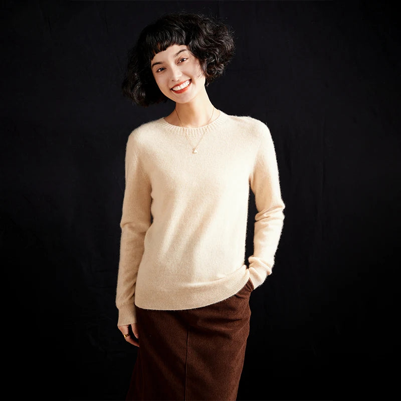 Pulôver feminino outono/inverno 100% puro suéter de caxemira casual suéter de malha gola redonda solto Tops básico versátil Blusa