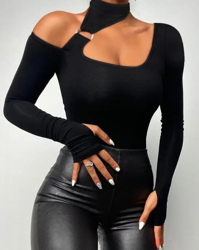Sexy TeeContrast Lace Cutout Top de manga comprida ew ashion camisa de mulher 2025 outono inverno primavera blusas roupas femininas roupas