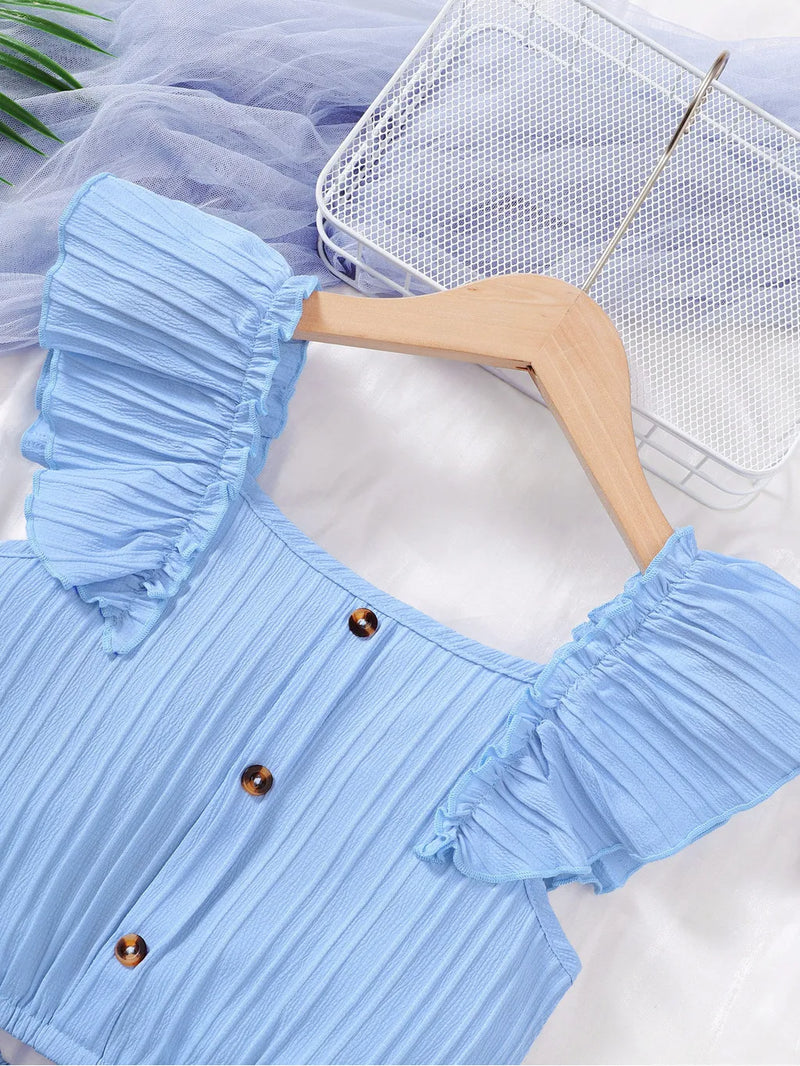 Conjunto de roupas de princesa de verão para meninas infantis Flutter Sleeve Plain Color Tops + Short Skirt Sweet Style Party Wear Para Criança 8-12 Anos