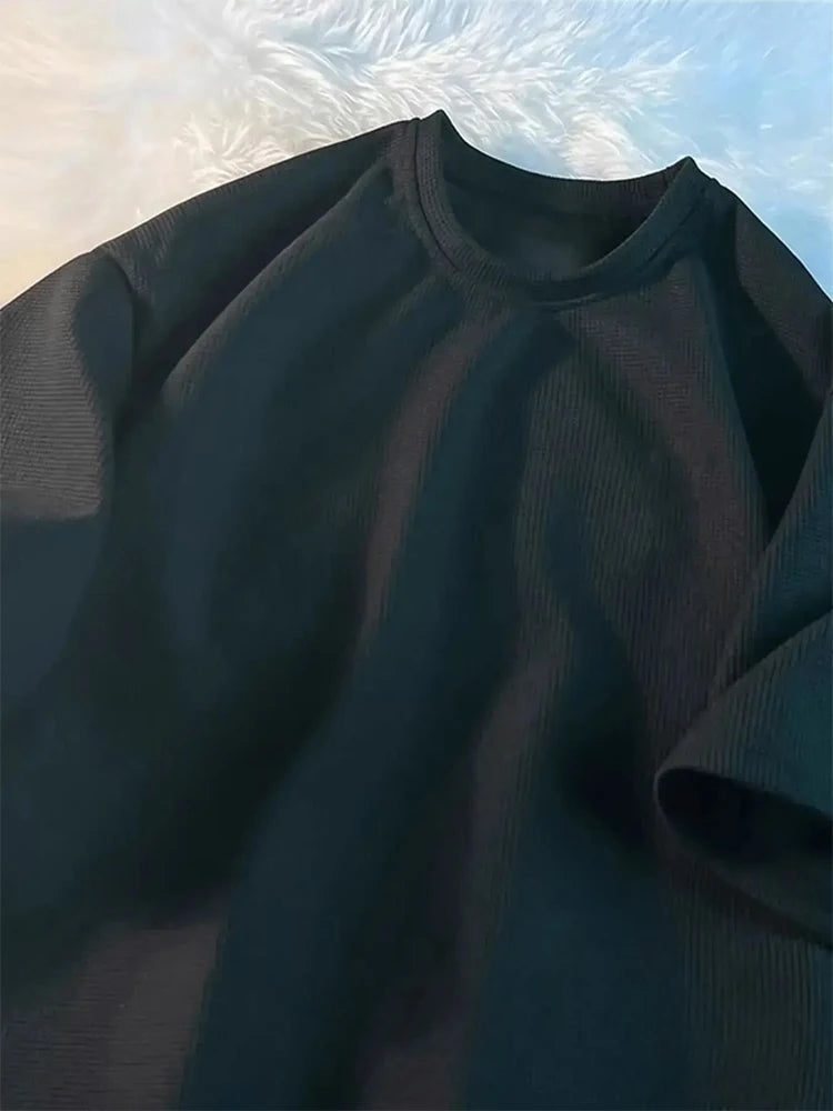 Camiseta Waffle Masculina Nova Gola Redonda Solta Camiseta Feminina Moda Casual Camisetas Verão High Street Oversized Meia Manga Camisetas Top