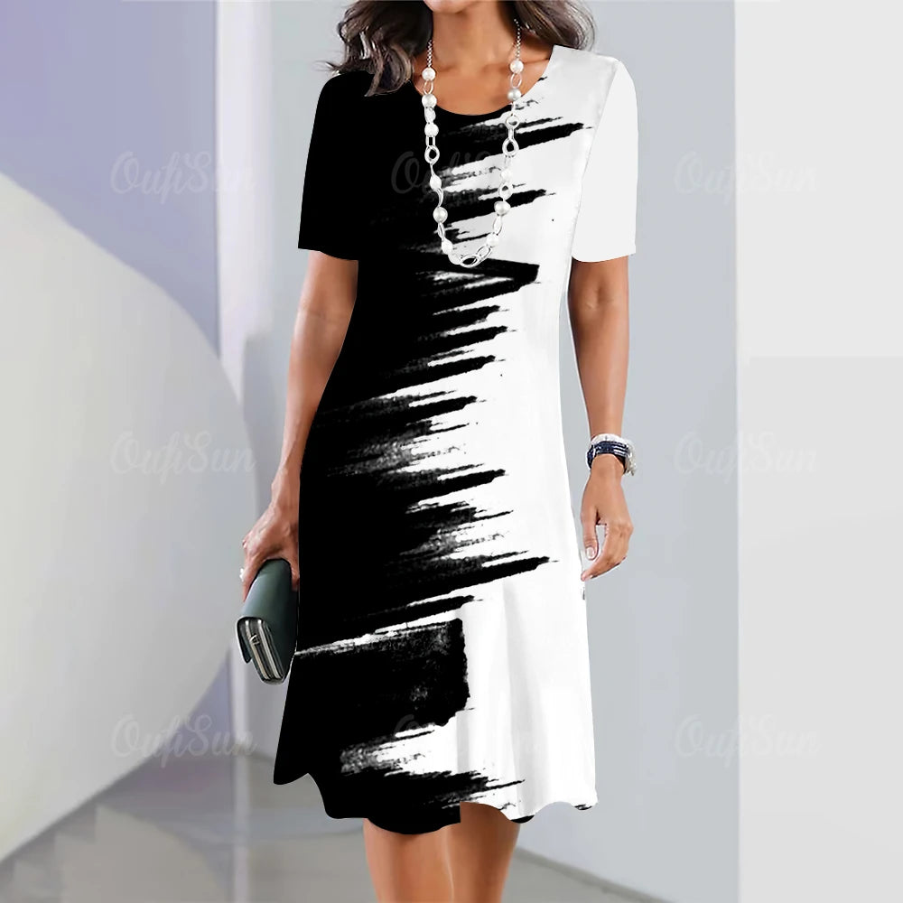Moda Listrada Mulher Roupas Vestidos Simplicidade Imprimir Manga Curta Vestido Feminino Elegante Preto Feminino Vestido Longo Pulôver 2024