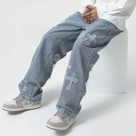 Calças da moda outono calças jeans cruzadas streetwear hip hop cintura baixa jeans largas para coreano Y2k calças cargo femininas