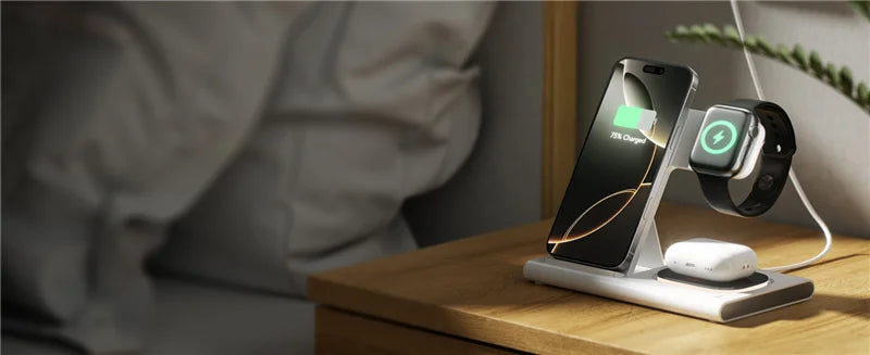 Carregador Sem Fio 3 Em 1 Dobrável 300W com Suporte de Mesa para Carregamento Rápido para iPhone 16 15 14 13, Samsung, Apple Watch e Airpods
