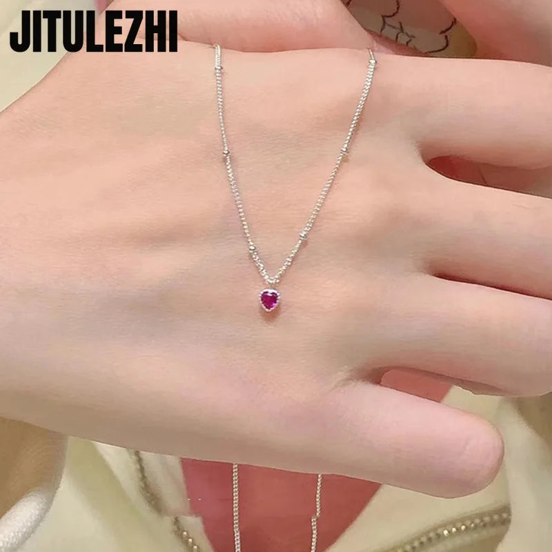925 Colar de Prata Esterlina Pingente Para Mulheres Jóias Amor Colar Pequeno Mini Pingente de Coração Vermelho Simples Colar Em Forma de Coração