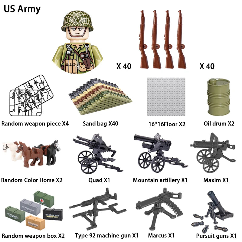40 pcs/lote ww2 personagens militares wwii soldados do exército blocos de construção montagem de tijolos do exército nacional armas brinquedos para crianças