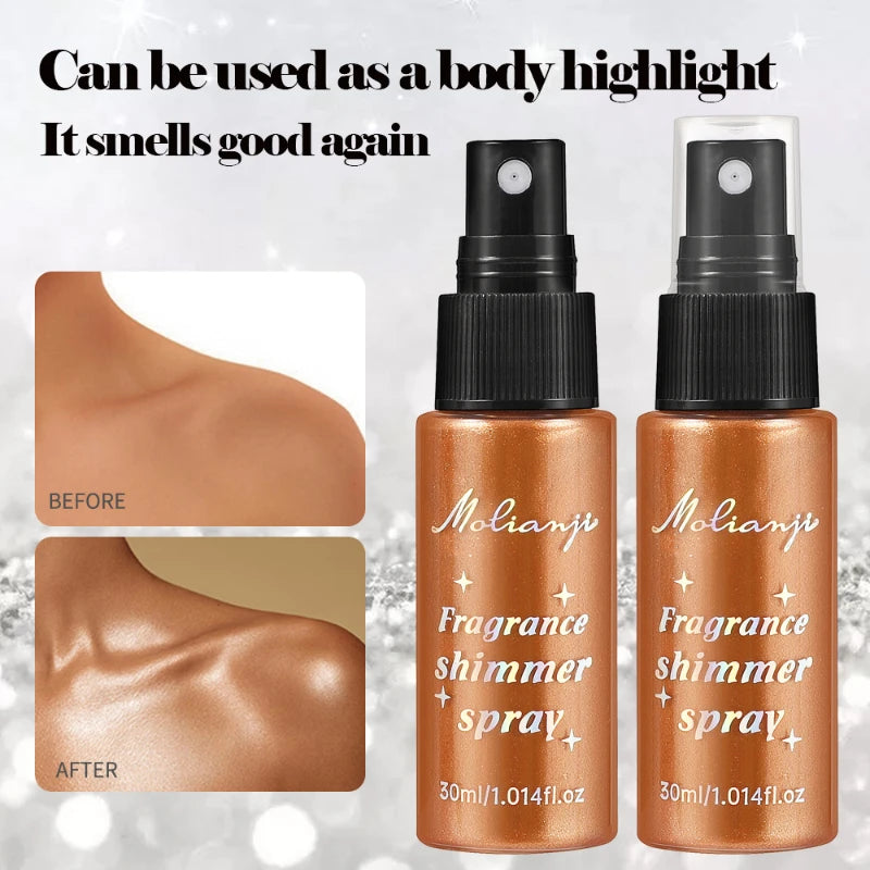 Spray Iluminador com Glitter Perolado, Óleo Loção, Iluminador Líquido para Rosto, Corpo, Pescoço e Cabelo, Brilho Duradouro para Maquiagem