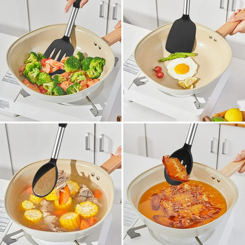 4 PCS Silicone Cozinha Panelas Espátula Coador Utensílios de Cozinha Aço Inoxidável Espátula com Vazamento Antiaderente Panelas Ferramentas de Cozinha