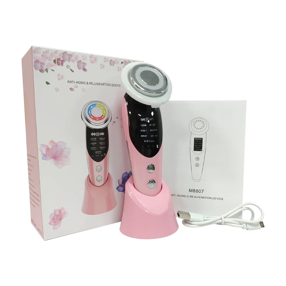 Massageador Facial RF EMS 7 em 1 Ferramentas de Cuidados