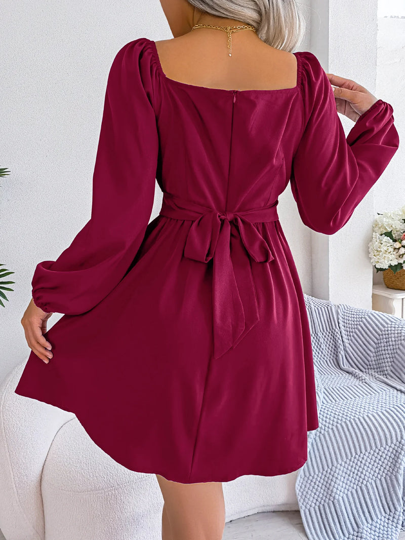 Vestido Casual Franzido com Decote Quadrado e Manga Longa com Acabamento em Babados para Primavera e Outono, Roupas Femininas