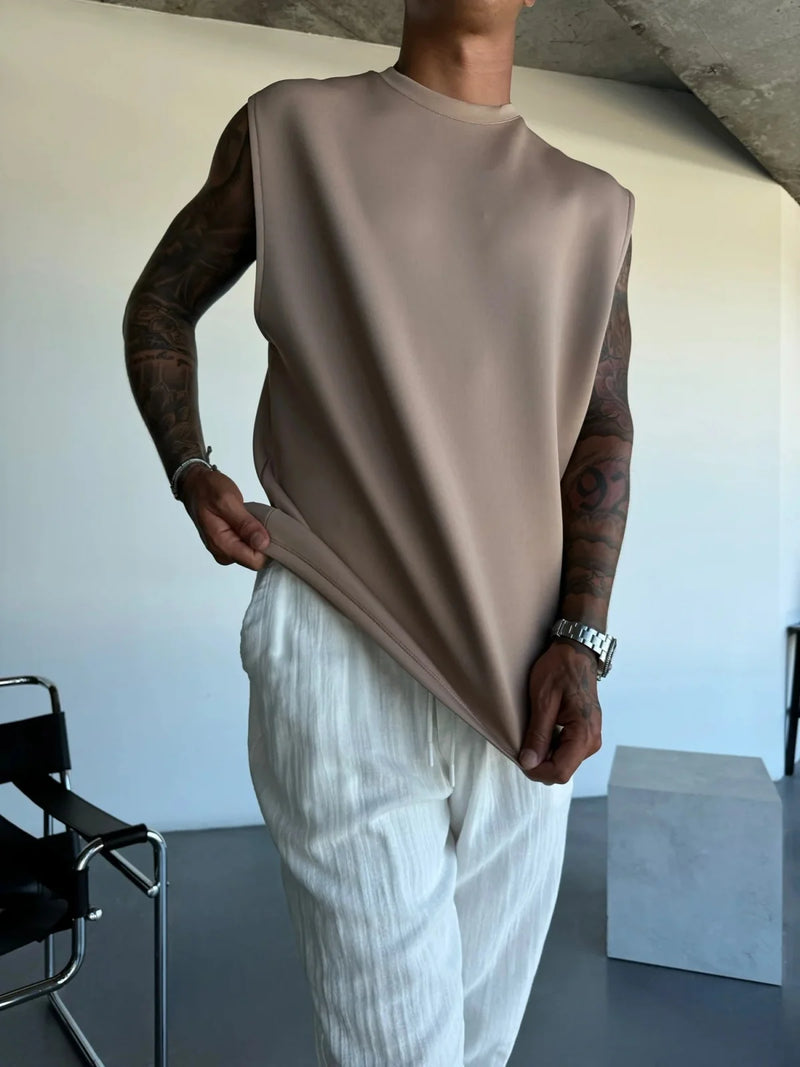 2025 Verão novo masculino moda esportiva calças casuais colete conjunto solto sem mangas T-shirt conjunto de cor sólida