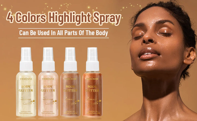Óleo iluminador corporal líquido com brilho maquiagem 4 Cores Spray de Glitter Óleo Loção brilho cosméticos Spray de Glitter Corporal Óleo Loção