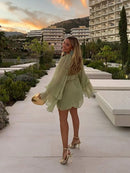 Mulheres elegantes verde irregular babados soltos mini vestido moda o pescoço manga cheia vestidos curtos primavera verão chique vestidos de senhora