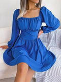 Vestido Casual Franzido com Decote Quadrado e Manga Longa com Acabamento em Babados para Primavera e Outono, Roupas Femininas